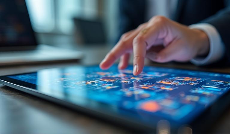 Analista examinando datos predictivos en pantallas de alta tecnología